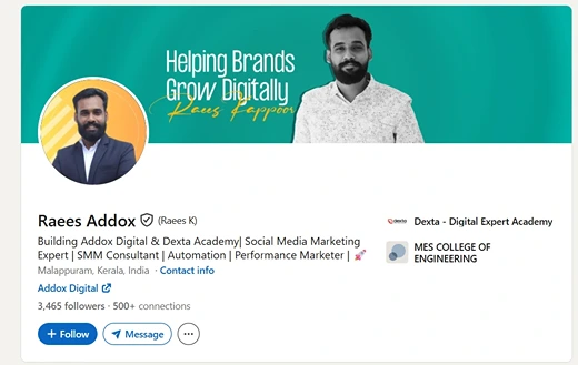 LinkedIn profile of a digital marketing expert featuring a professional banner with profile photo and digital marketing branding.