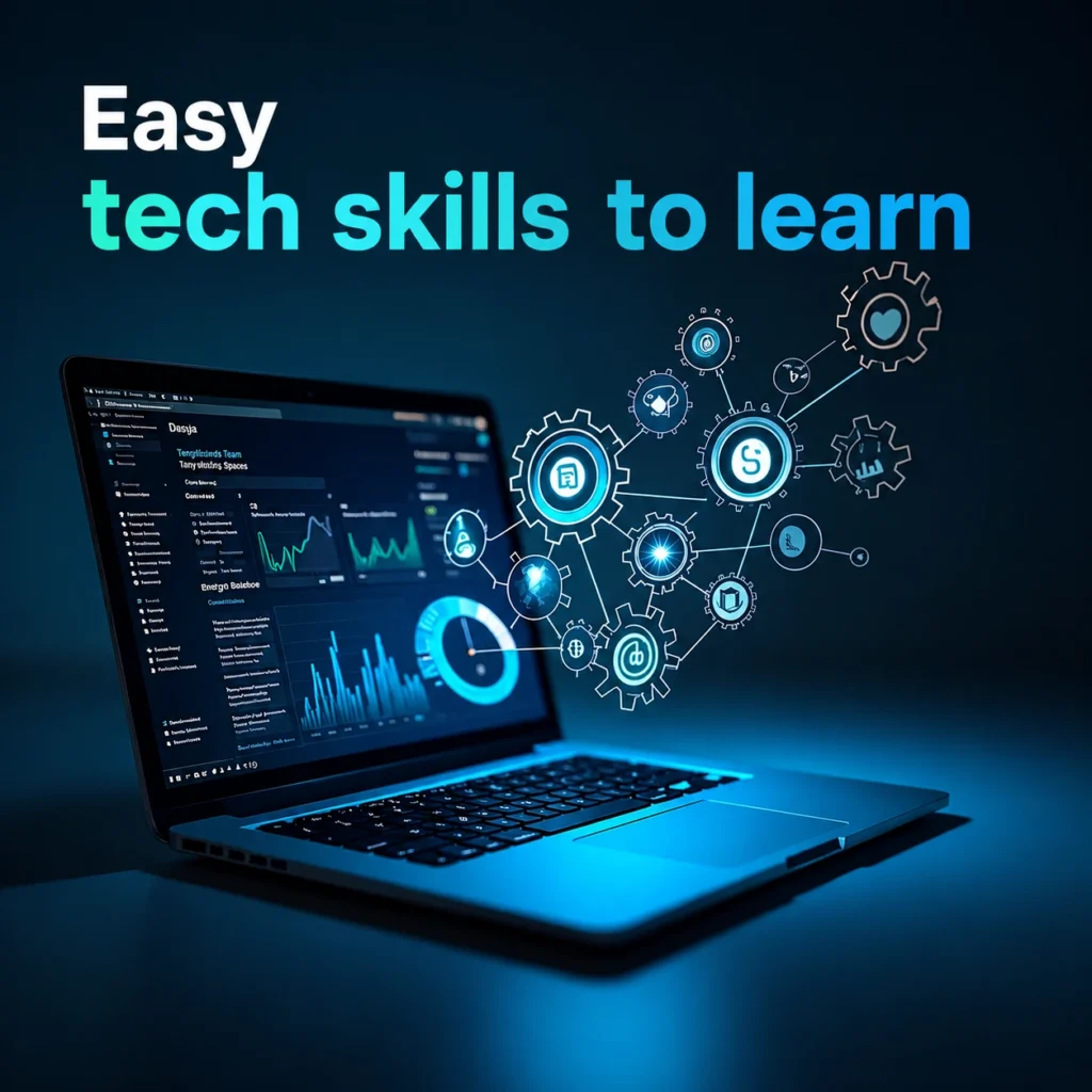 Laptop with digital tech graphics and “Easy Tech Skills to Learn” heading.