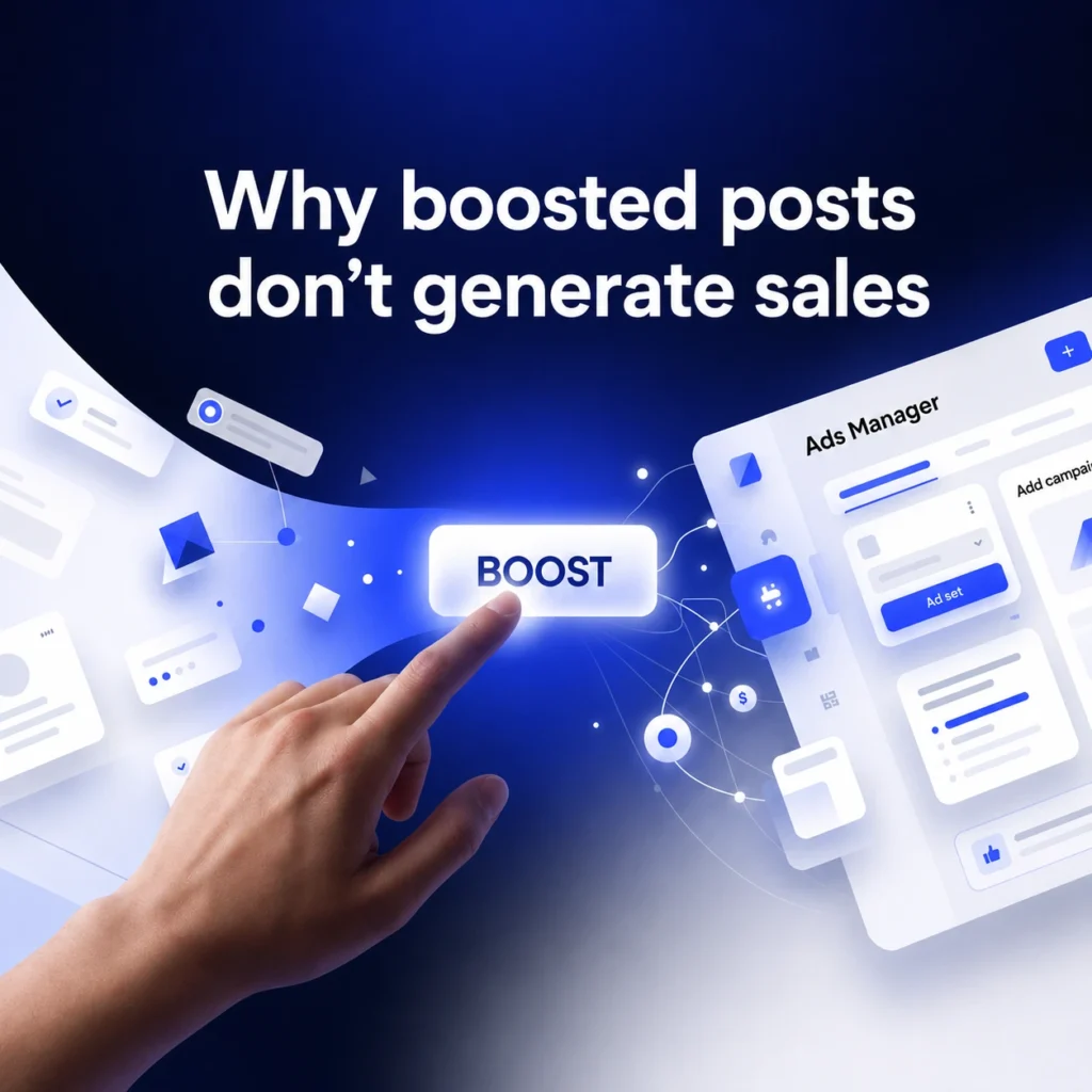 Hand pressing a glowing boost button with digital Meta Ads dashboard illustration showing why boosted posts do not generate sales.