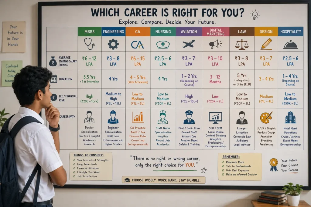 Student comparing high salary courses after 12th in Kerala, including MBBS, engineering, CA, nursing, aviation, digital marketing, law, design, and hospitality.