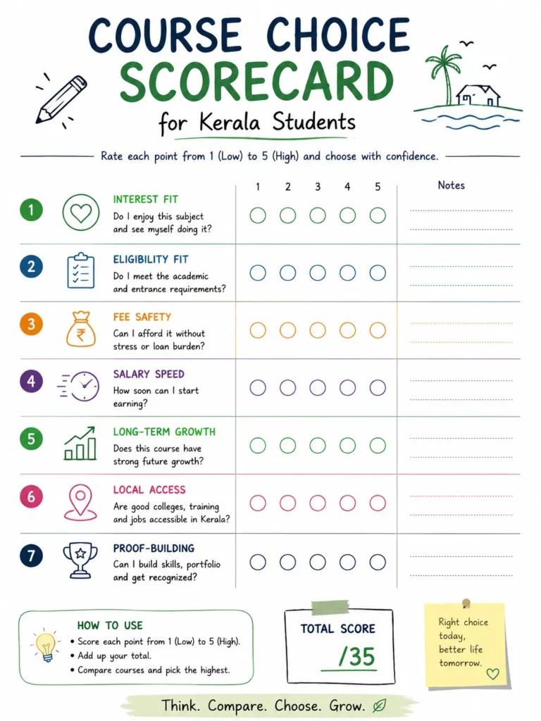 High salary courses after 12th in Kerala compared by stream, duration, salary speed, key risk, and course choice score.Course choice scorecard for Kerala students rating interest, eligibility, fees, salary speed, growth, local access, and proof-building out of 35.