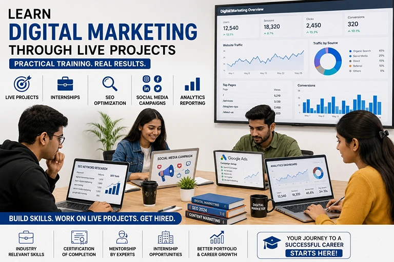 Students working on live digital marketing projects and analytics dashboards.