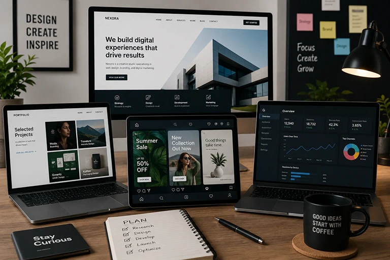 Modern office workspace with laptops displaying website designs, social media content, analytics dashboards, and design portfolios.