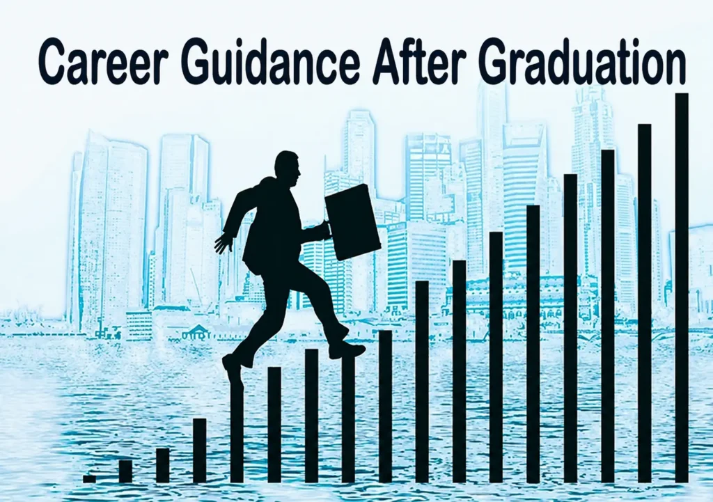 Business professional climbing an upward bar graph with a city skyline background, symbolizing career growth and opportunities after graduation.