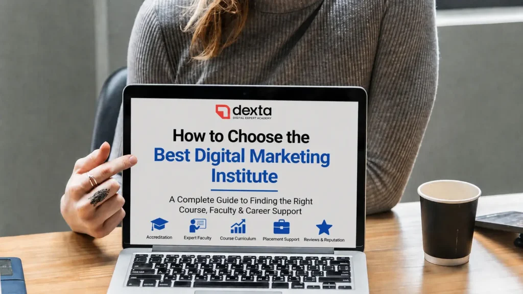 A Kerala student comparing digital marketing institutes on a laptop with a checklist beside them. Checklist items: syllabus, mentor, projects, internship, placement, fees. Alt text: Kerala student compares digital marketing institutes using a checklist for syllabus, mentors, projects, internships, placements, and fees.