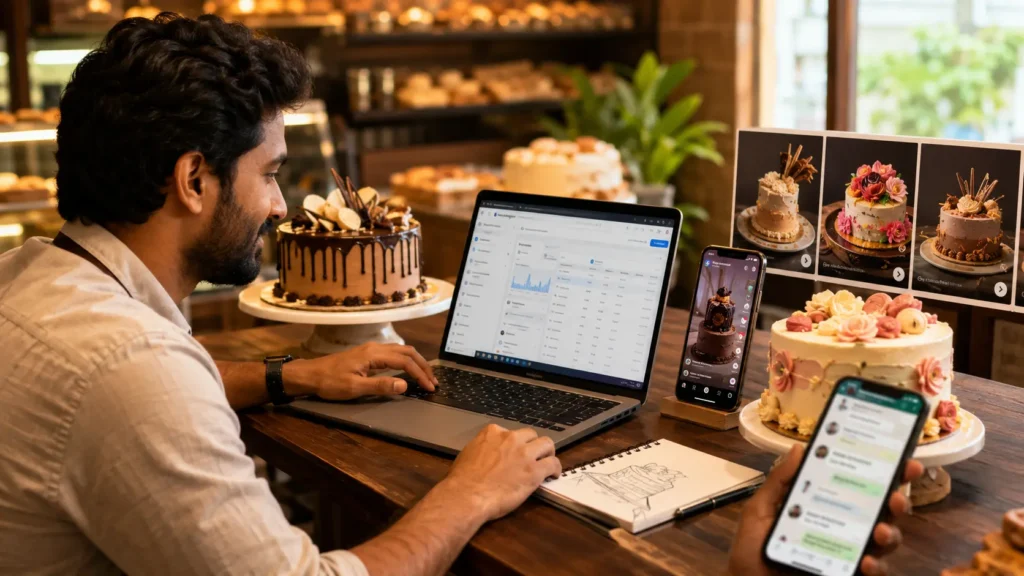 Kerala bakery owner planning an Instagram advertising campaign for customised birthday cakes using Meta Ads Manager on a laptop, with a smartphone showing a cake Reel, WhatsApp enquiries, cake design carousel, and premium birthday cakes inside a warm bakery.