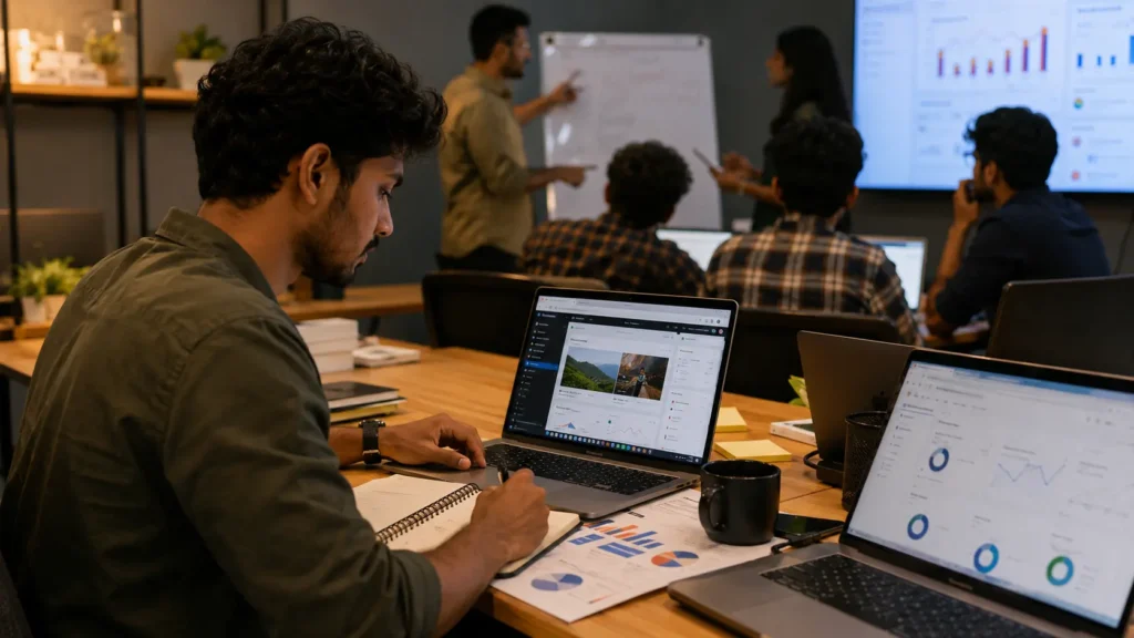 Young Kerala digital marketing student working on a real client project in a modern agency workspace, analyzing SEO and website performance on a laptop while taking notes as a mentor and team discuss campaign analytics in the background.