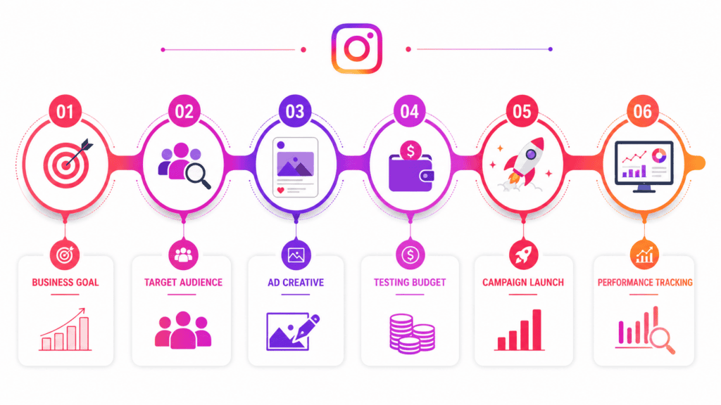 Horizontal infographic illustrating the Instagram advertising process for small businesses with six connected stages: Business Goal, Target Audience, Ad Creative, Testing Budget, Campaign Launch, and Performance Tracking. The design features Instagram-inspired pink, purple, and red gradients, clean icons, and a modern white background.