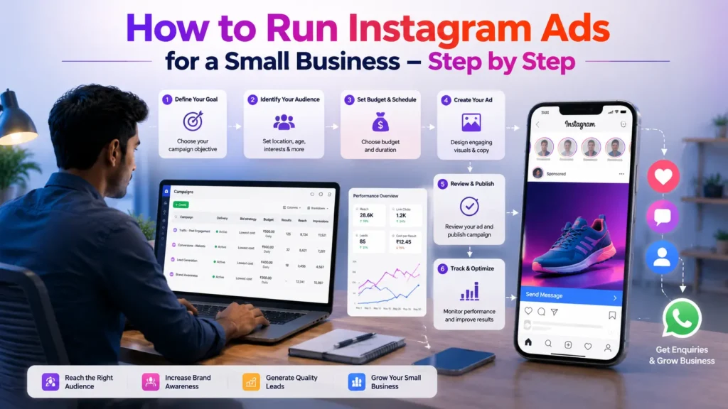 A modern small business owner creating an Instagram advertising campaign on a laptop using Meta Ads Manager, with a smartphone displaying a sponsored Instagram post and marketing elements illustrating the step-by-step advertising process.