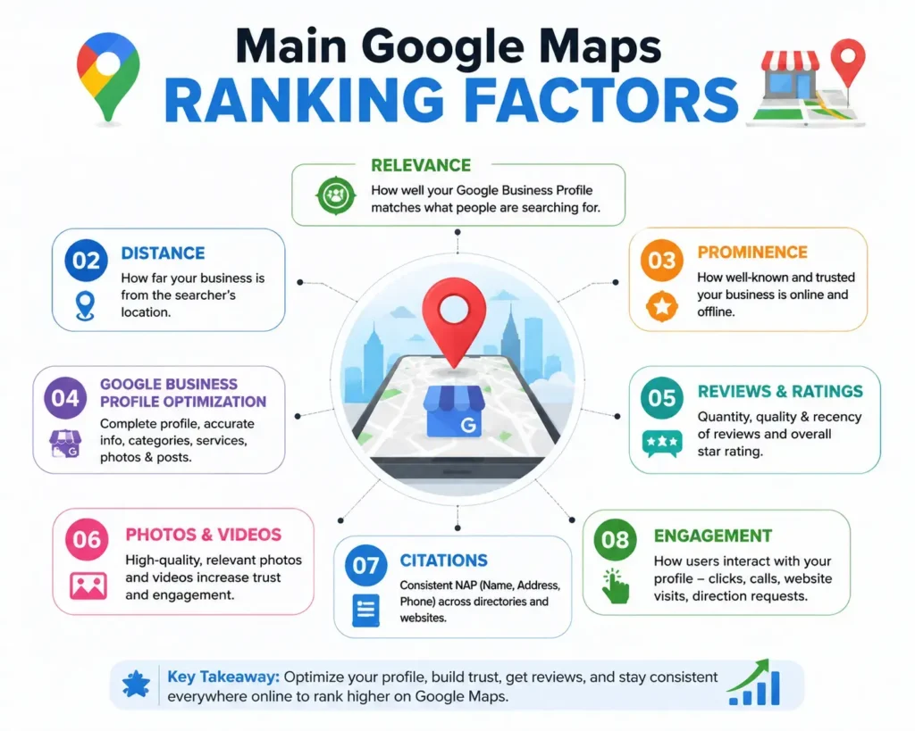 Infographic showing the main Google Maps ranking factors: Relevance, Distance, Prominence, Reviews, Citations, Photos, Engagement, and Google Business Profile Optimization.