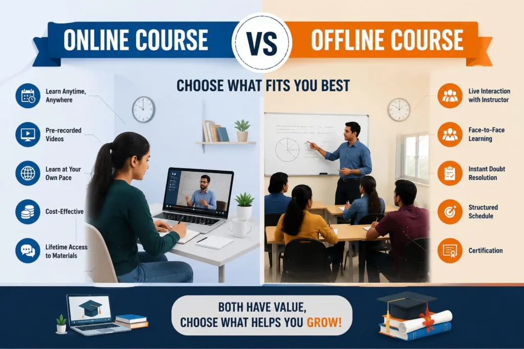 Online Course vs Offline Course comparison infographic