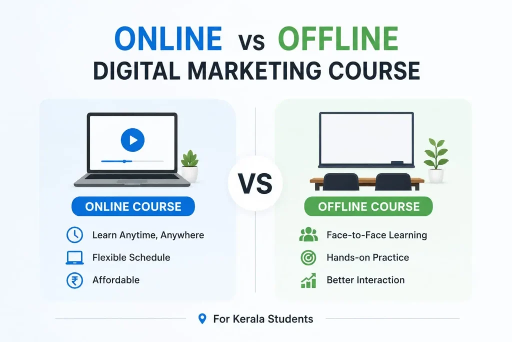 Online vs offline digital marketing course comparison for Kerala students