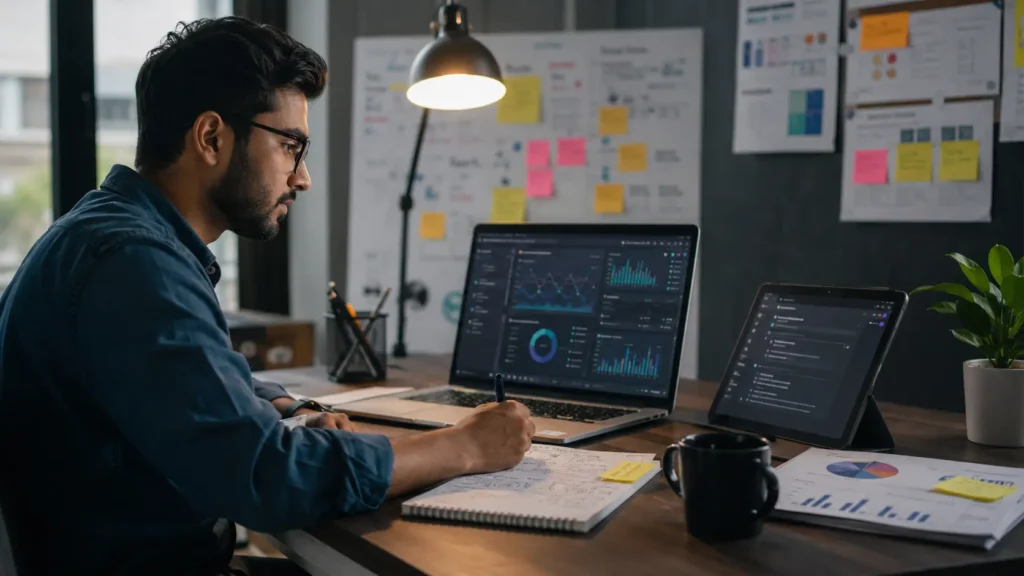 Young Indian digital marketer in a modern workspace using AI alongside marketing analytics dashboards, reviewing customer research notes and planning campaign strategy on a laptop in a professional corporate office.