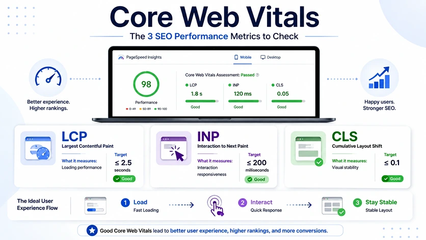 Core Web Vitals infographic showing LCP, INP, and CLS metrics with recommended performance thresholds.