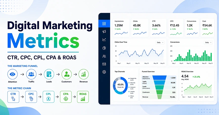 Digital marketing metrics dashboard showing CTR, CPC, CPL, CPA and ROAS funnel