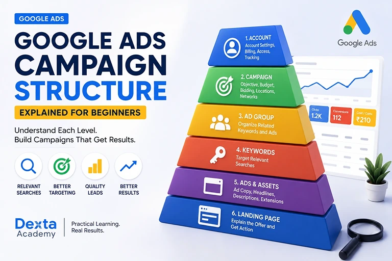 Google Ads campaign structure explained for beginners showing account, campaign, ad group, keywords, ads and assets, and landing page levels.