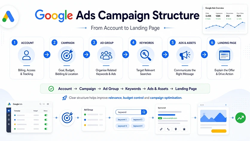 Google Ads campaign structure infographic showing Account, Campaign, Ad Group, Keywords, Ads and Assets, and Landing Page in a six-step flow.