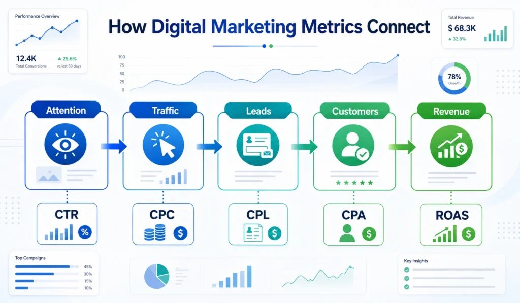 Digital marketing metrics funnel infographic