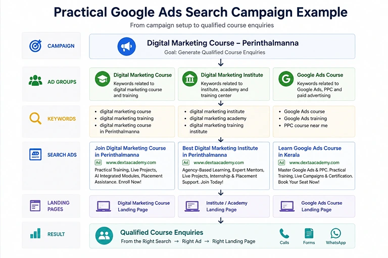 Google Ads Search campaign structure example for Dexta Academy