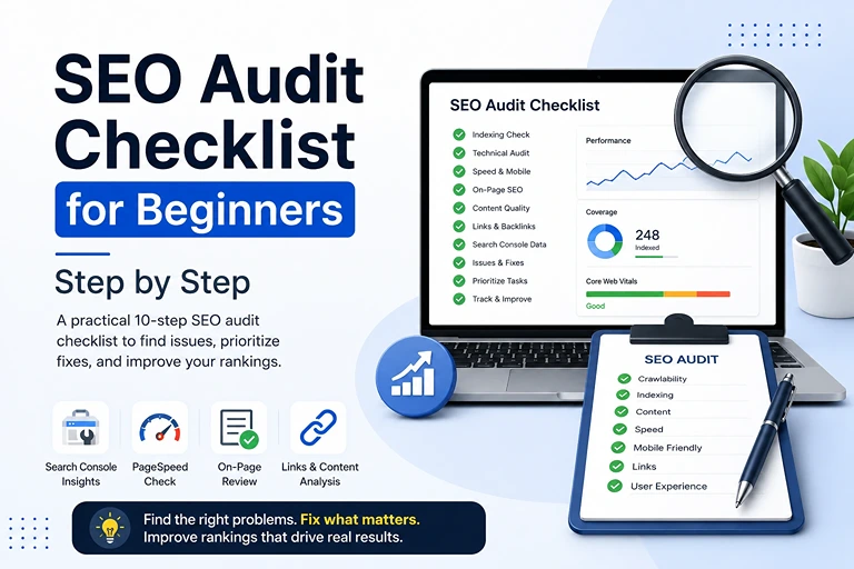 SEO audit checklist for beginners showing indexing, technical SEO, page speed, on-page SEO, content, links, and Search Console checks.