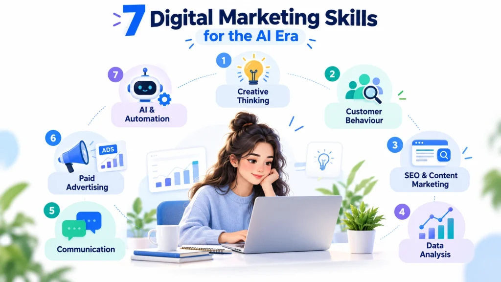 7 essential digital marketing skills for the AI era, including SEO, creativity, analytics, and AI automation.