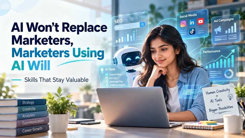AI-powered digital marketing student using AI tools to develop valuable marketing skills.