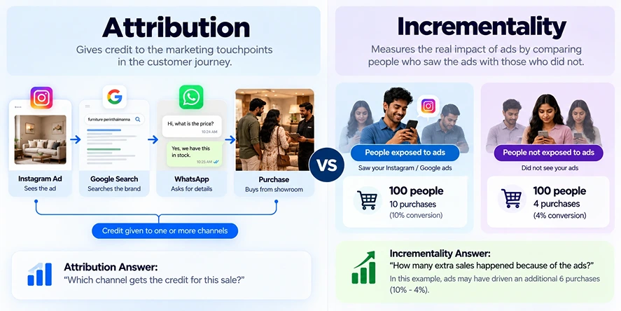 Attribution vs incrementality comparison in digital marketing.