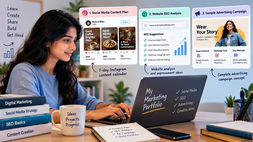 Student creating a digital marketing portfolio.